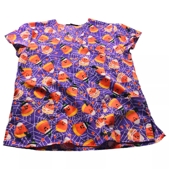 Lot of 2 Womens Halloween Scrubs Top Pumpkin Candy Corn Allover Print Small - Picture 7 of 9